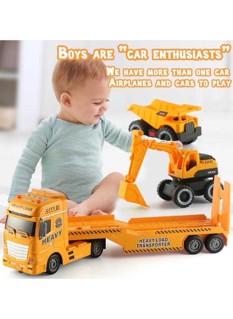 Big Flatbed Heavy Duty Trucks Toys Push & Go Construction Trucks 3 in 1 Includes Excavators Bucket Trucks Sand Trucks in Semi Carrier Truck for Toddlers,Plastic Toy,Gift for Age 3+