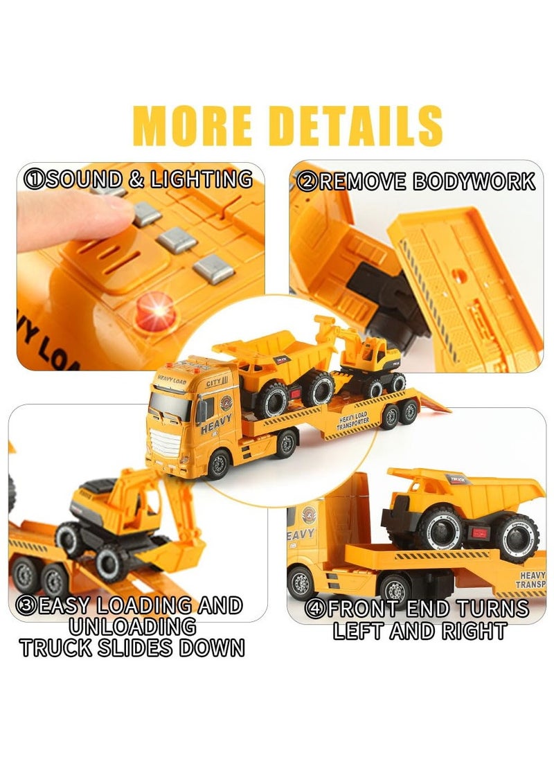 Big Flatbed Heavy Duty Trucks Toys Push & Go Construction Trucks 3 in 1 Includes Excavators Bucket Trucks Sand Trucks in Semi Carrier Truck for Toddlers,Plastic Toy,Gift for Age 3+