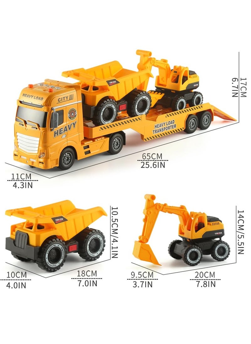 Big Flatbed Heavy Duty Trucks Toys Push & Go Construction Trucks 3 in 1 Includes Excavators Bucket Trucks Sand Trucks in Semi Carrier Truck for Toddlers,Plastic Toy,Gift for Age 3+