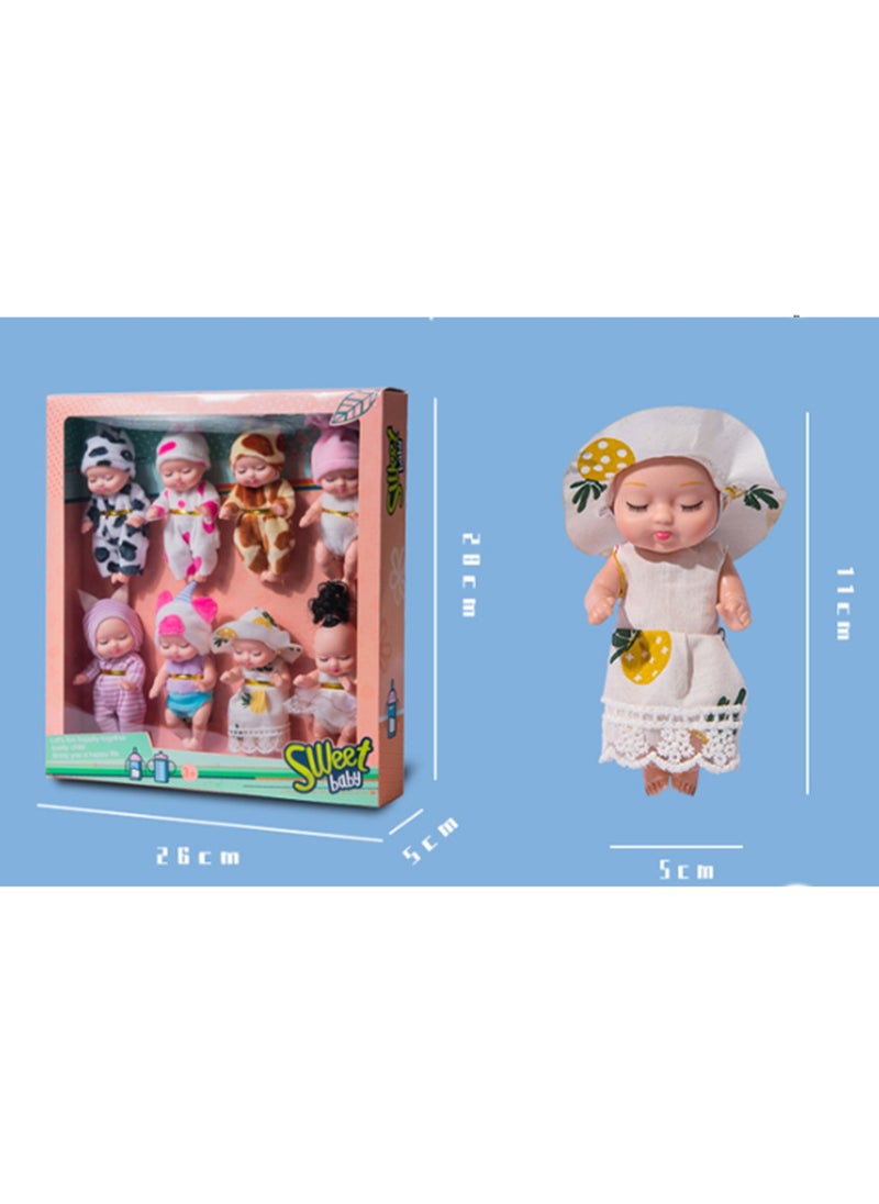 8 Pieces Cute Baby Dolls 4.5 Inch Newborn Mini Dolls With Realistic Silicone Body, Bedroom Collection Cute Gift Toys Handmade Clothes Toys Gift For Girls Over Three Years Old