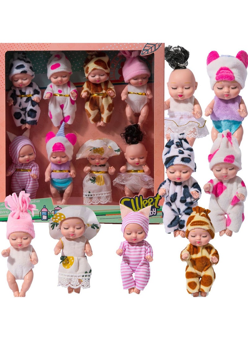 8 Pieces Cute Baby Dolls 4.5 Inch Newborn Mini Dolls With Realistic Silicone Body, Bedroom Collection Cute Gift Toys Handmade Clothes Toys Gift For Girls Over Three Years Old