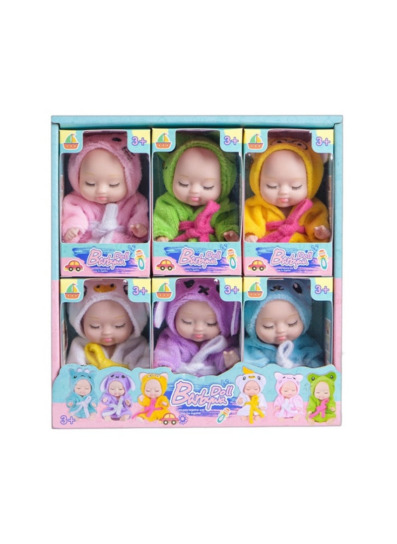 6 Pack Cute Baby Dolls 4.5 Inch Newborn Mini Dolls Realistic Silicone Body Bathrobe Collection Cute Gift Toys Handmade Clothes Toys Gifts For Girls Over Three Years Old