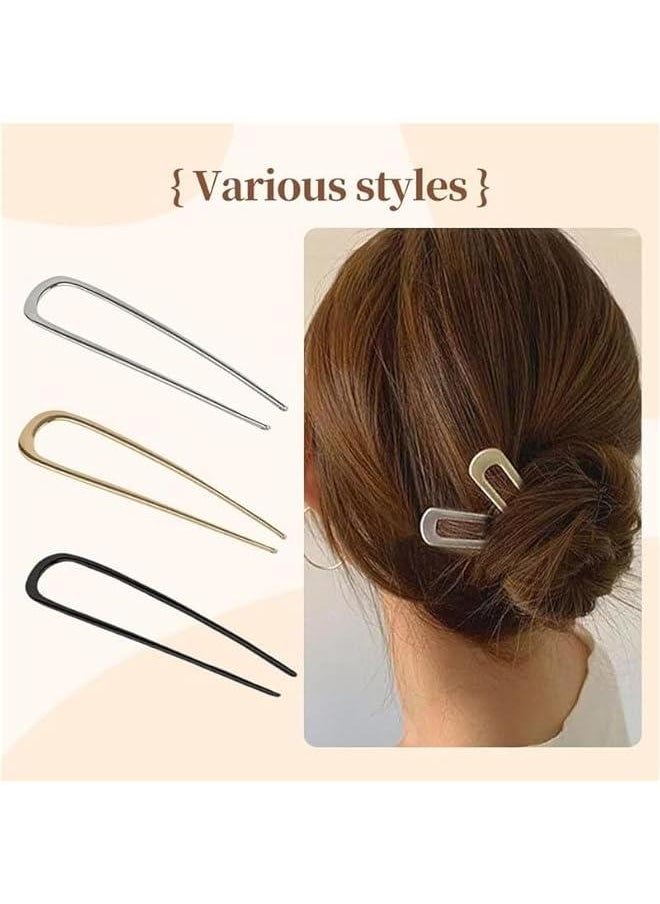 French Hair Pin,New U-Shaped Hair Clip for French Twist Hair,French Hair Sticks Fork Chignons Accessories For Women French Roll,Gold Hair Clips Hair Styling Accessories for Thick Hair (Silver+Black)