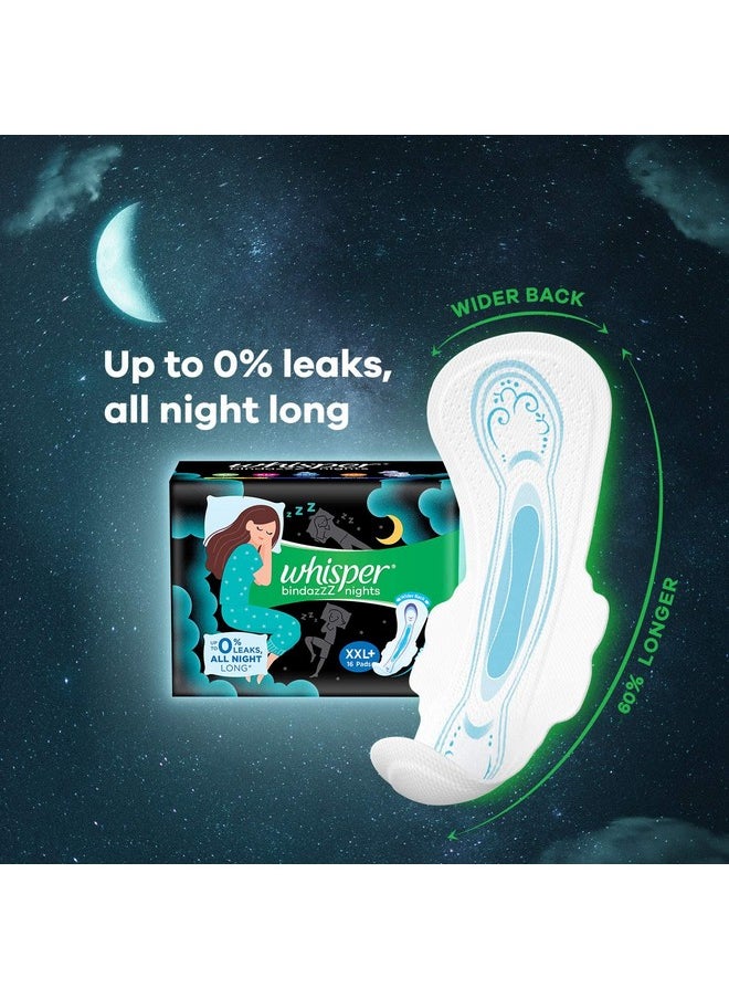 Bindazzz Nights Sanitary Pads, 16 Xxl+ Pads, Upto 0% Leaks All Night Long, For Heavy Flow, 60% Longer & Wider Back, Comfortable Cushiony Soft Wings, Disposable Wrapper