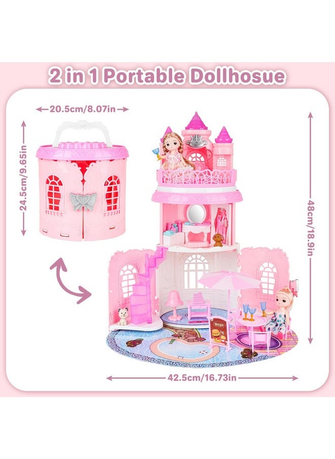 Doll House For Girls Portable Playset Dollhouse Castle Kids Pretend Play Doll House With 2 Doll Toy Figures,Living Room,Bedroom,Balcony & Accessories For 3 To 7 Year Olds Kids (Pink)
