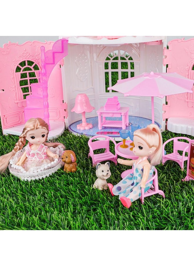 Doll House For Girls Portable Playset Dollhouse Castle Kids Pretend Play Doll House With 2 Doll Toy Figures,Living Room,Bedroom,Balcony & Accessories For 3 To 7 Year Olds Kids (Pink)