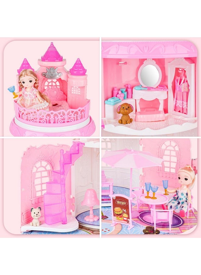 Doll House For Girls Portable Playset Dollhouse Castle Kids Pretend Play Doll House With 2 Doll Toy Figures,Living Room,Bedroom,Balcony & Accessories For 3 To 7 Year Olds Kids (Pink)