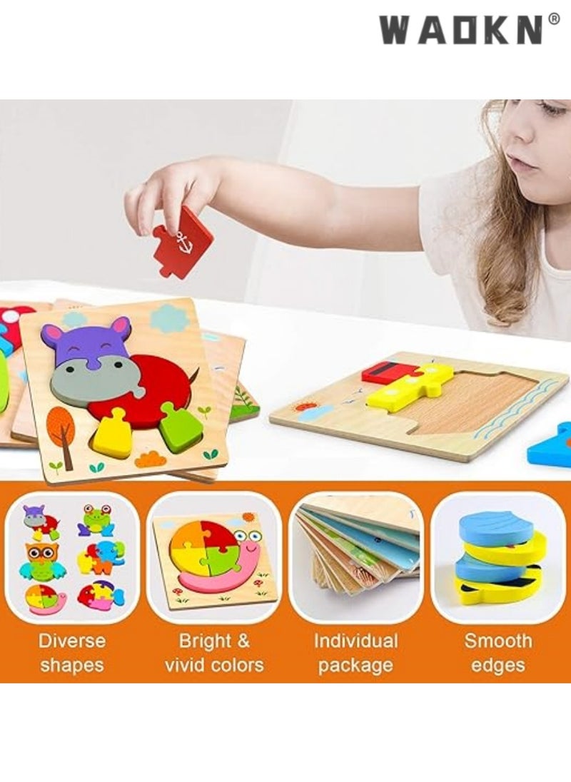 6Pcs 3D Wooden Jigsaw Puzzles for Toddlers Kids Preschool Educational Learning Toys for Toddlers 1-3,Baby Wooden Puzzles for 1 2 3 4 Year Old,Montessori Toys Gifts for Toddlers Boys Girls