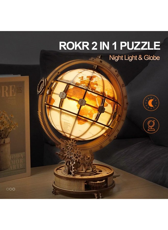 3D Wooden Puzzles For Adults, Led Illuminated Globe With Stand, 3D Wooden Globe Model Kits With Led Light, Unique Gift For Birthday/Anniversay