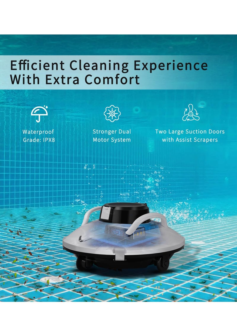 Cordless Pool Vacuum Cleaner, Robotic Pool Cleaner, Lasts 120min, Dual-Motor,Smart Navigation and Parking System, LED Indicator, Suitable for Flat Pools Up to 1000 sq, White