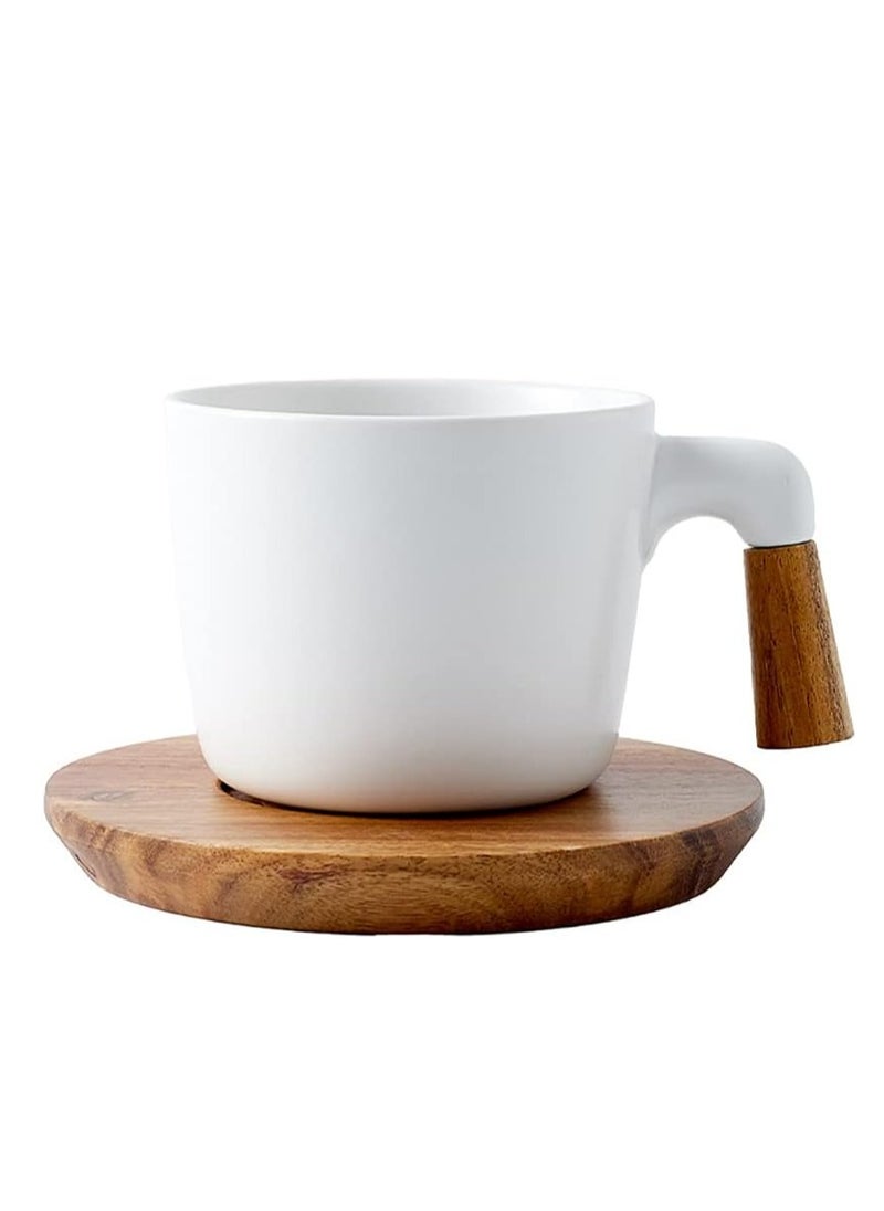 Coffee Mug Tea Cup Ceramic with Wood Saucers, 10.5 Oz Matte Latte Mug Cups Birthday Gift for Men Women(White)