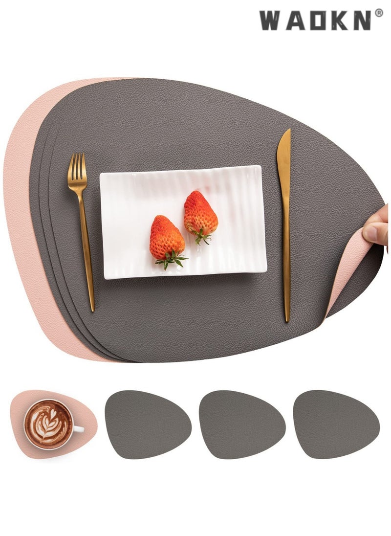 Leather Placemat and Coaster 4 Piece Set, Waterproof, Washable and Easy to Clean Table Mat, Heat Resistant Non Slip Placemat, Suitable for Kitchen Table(4 Placemat)