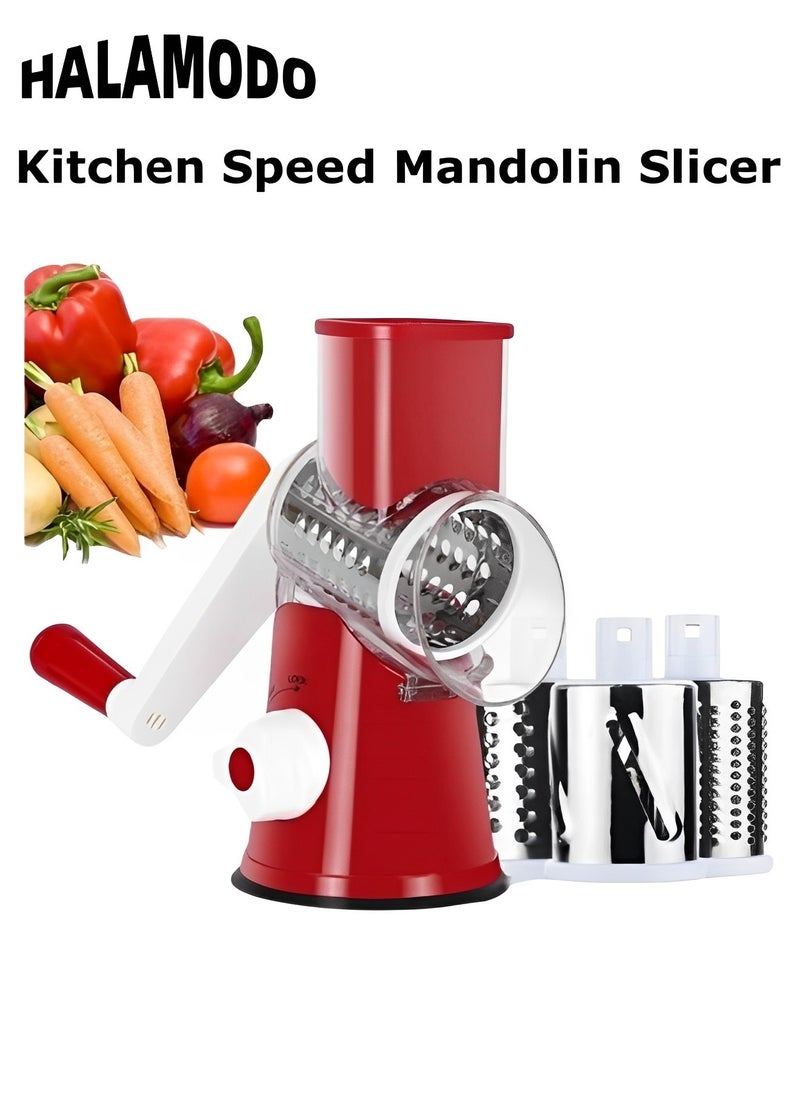 Rotary Cheese Grater Hand Crank with 3 Blades Kitchen Shredder Speed Mandolin Slicer Nut Grinder with Handle and Drum Blades for Cheese, Vegetable, Walnut, Chocolate, Potato, Carrot