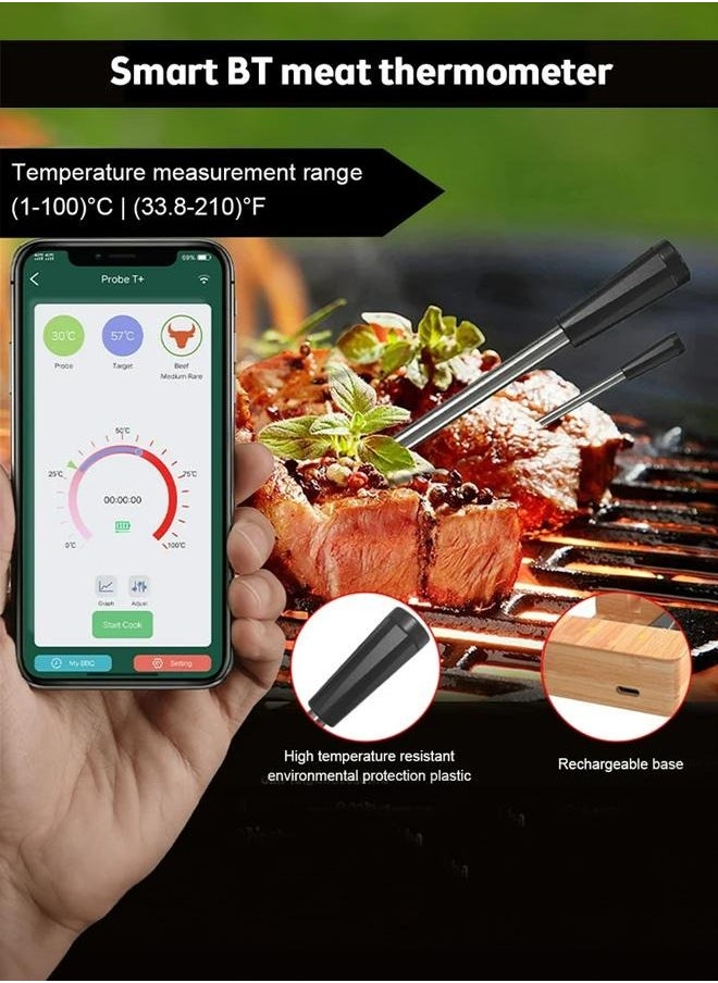 Wireless Meat Thermometer with long range bluetooth 165ft - waterproof probe - wooden base + Type C charging Cable - Free IOS, Android APP