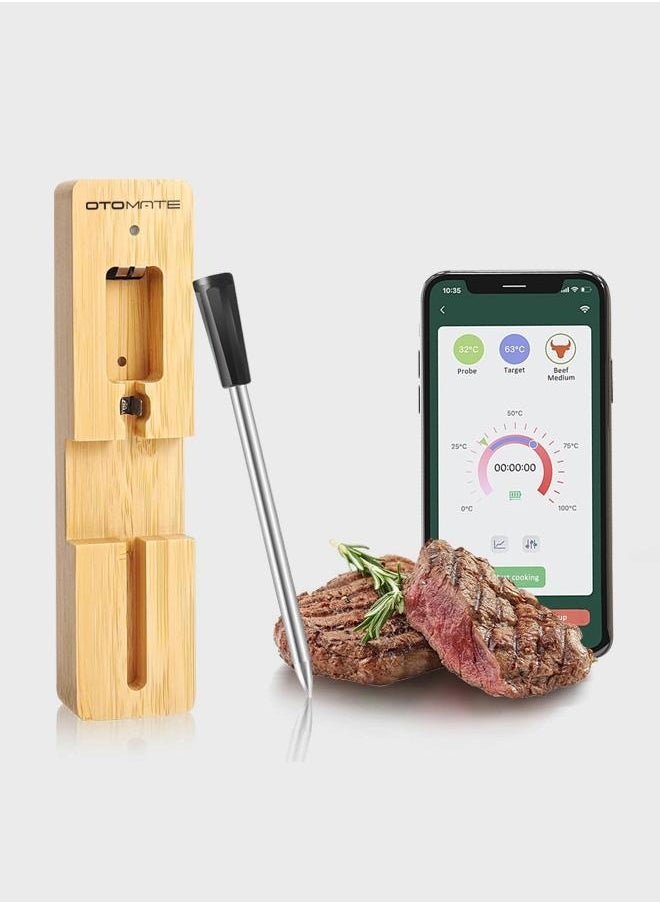 Wireless Meat Thermometer with long range bluetooth 165ft - waterproof probe - wooden base + Type C charging Cable - Free IOS, Android APP