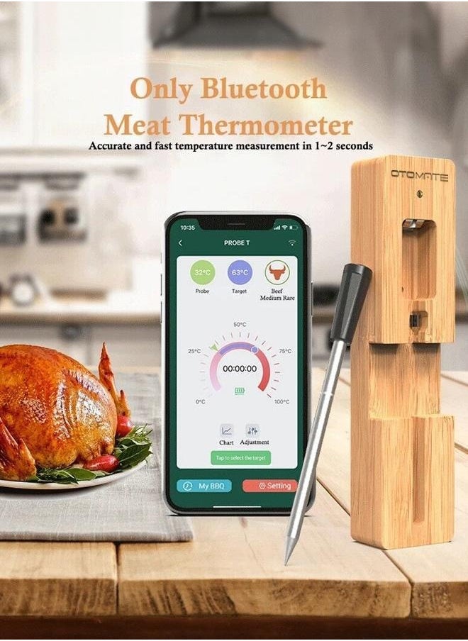 Wireless Meat Thermometer with long range bluetooth 165ft - waterproof probe - wooden base + Type C charging Cable - Free IOS, Android APP