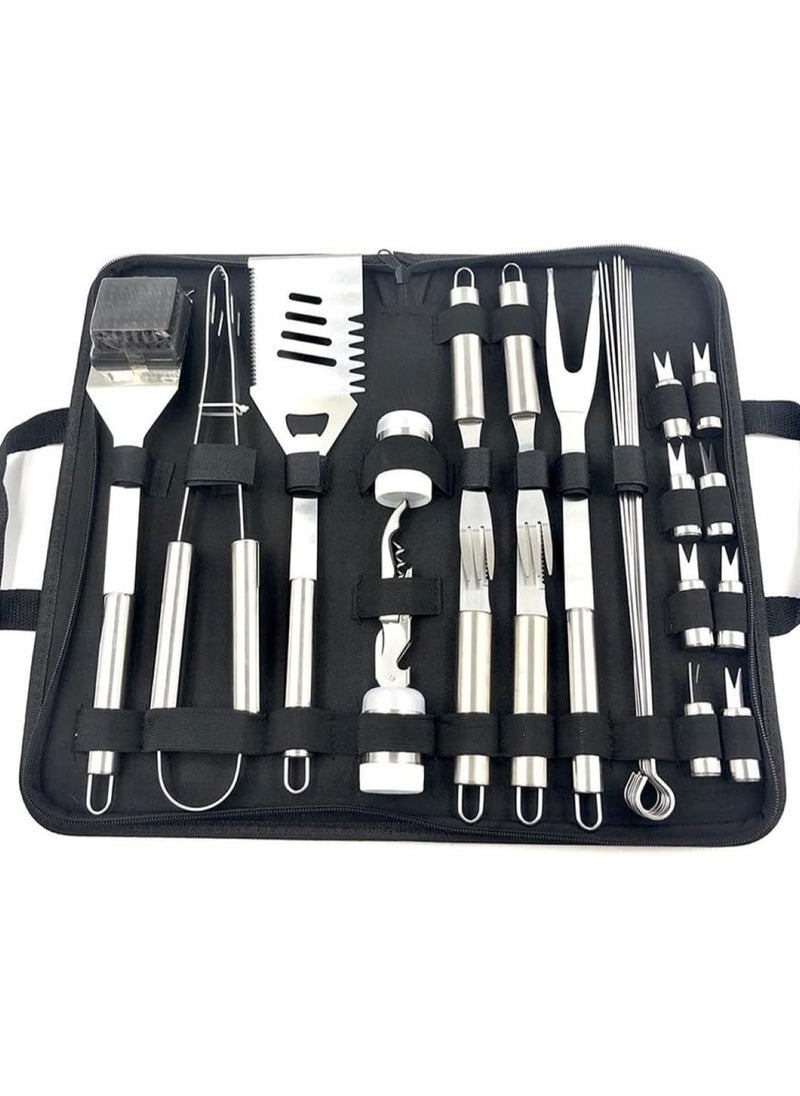 29-Piece Stainless Steel BBQ Tool Set with Black Carrying Bag for Outdoor Grilling