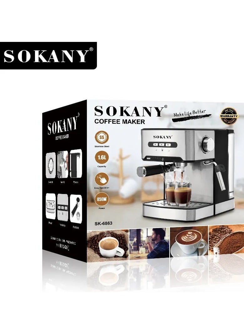 Sokany Espresso Coffee Maker SK-6863 1.6L Stainless Steel 850W