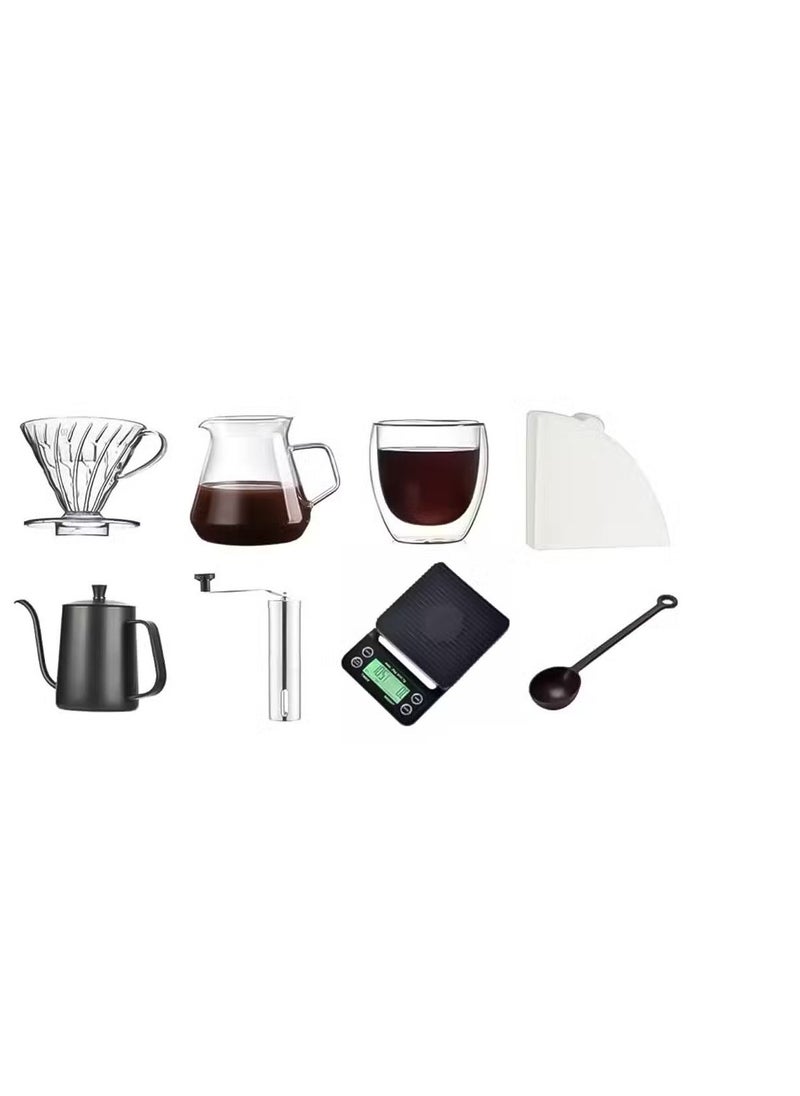 10 Pcs Coffee Maker Set with Adjustable Thickness, Layered Extraction, EVA Bag, Electronic Scale, Manual Grinder, 600ML Kettle, 600ML Server, 2-4Cups Dripper, 250ML Mug, Thermometer, Filter Paper and Spoon, DLC-CM7322 Coffee Set