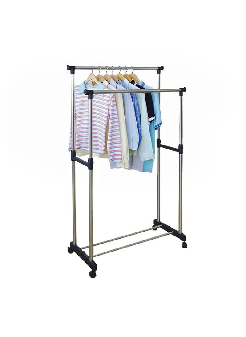 Large Double Pole Clothes Hanger, Garment Drying Rack with Rolling wheels, Adjustable Bars Stainless Steel Poles, Silver