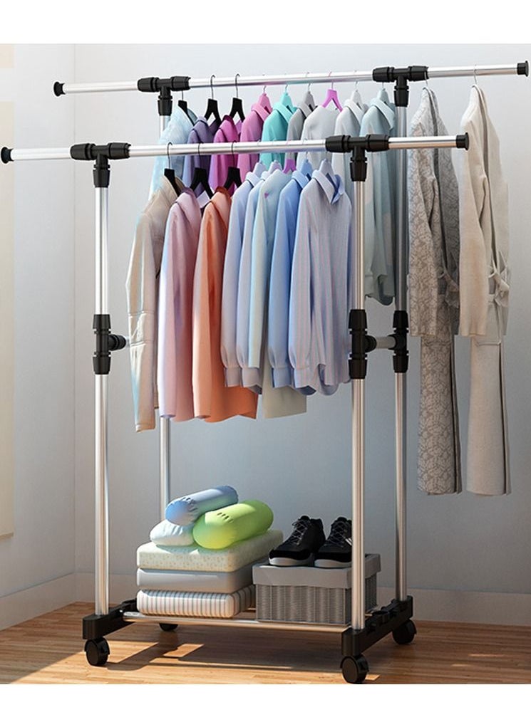 Large Double Pole Clothes Hanger, Garment Drying Rack with Rolling wheels, Adjustable Bars Stainless Steel Poles, Silver