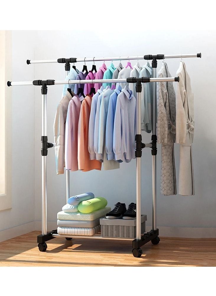 Large Double Pole Clothes Hanger, Garment Drying Rack with Rolling wheels, Adjustable Bars Stainless Steel Poles, Silver