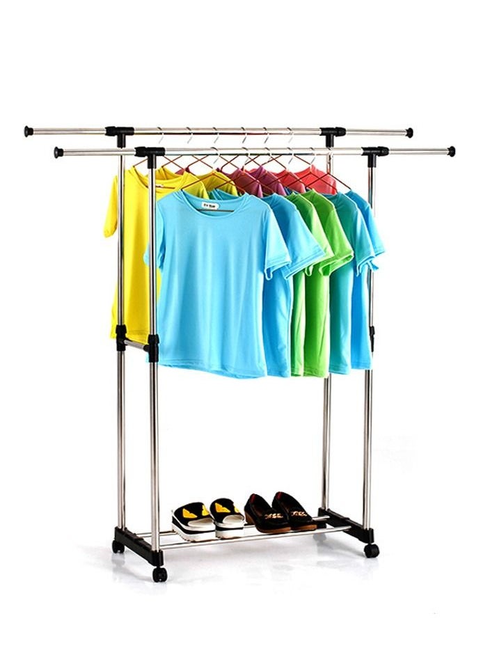 Large Double Pole Clothes Hanger, Garment Drying Rack with Rolling wheels, Adjustable Bars Stainless Steel Poles, Silver