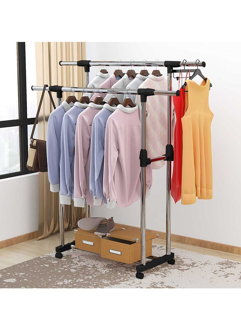 Adjustable Clothes Rack Single/Double Bars With Wheel Coat Shelf Hanging Drying Rack Floor Hanger Movable Clothes Storage