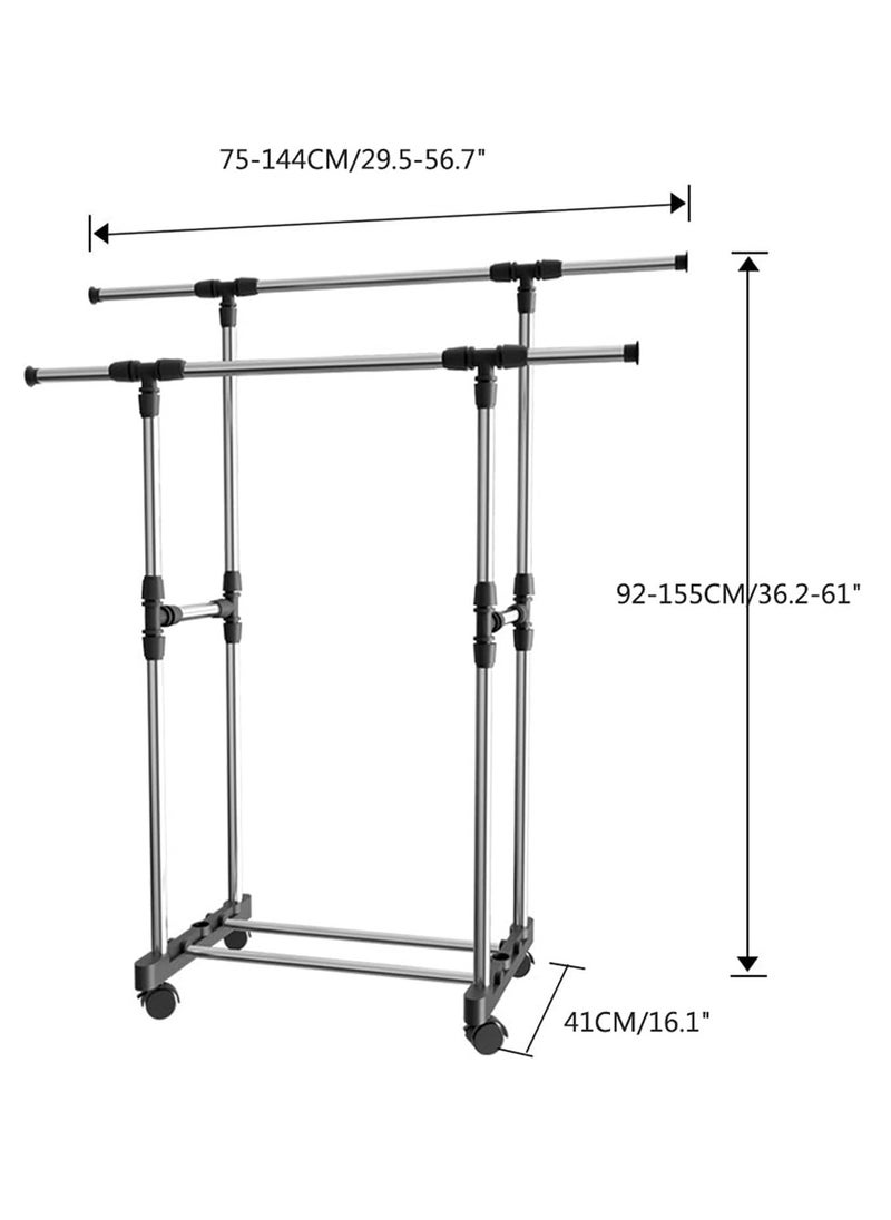 Large Double Pole Clothes Hanger, Garment Drying Rack with Rolling wheels, Adjustable Bars Stainless Steel Poles, Silver, DEPL1001