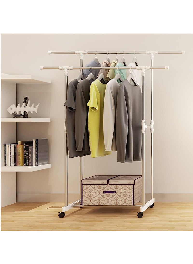 Large Double Pole Clothes Hanger, Garment Drying Rack with Rolling wheels, Adjustable Bars Stainless Steel Poles, Silver, DEPL1001