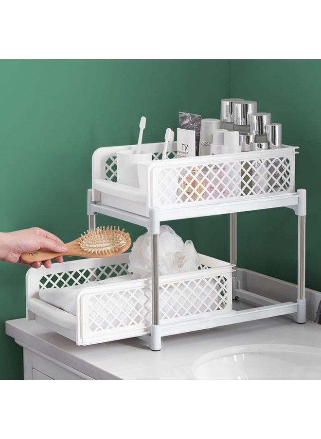 Under Sink Organizers and Storage, 2 Tier Sliding Shelves for Kitchen Bathroom Countertop, Under Cabinet Organizers with Pull Out Drawers White