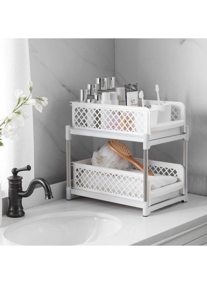 Under Sink Organizers and Storage, 2 Tier Sliding Shelves for Kitchen Bathroom Countertop, Under Cabinet Organizers with Pull Out Drawers White