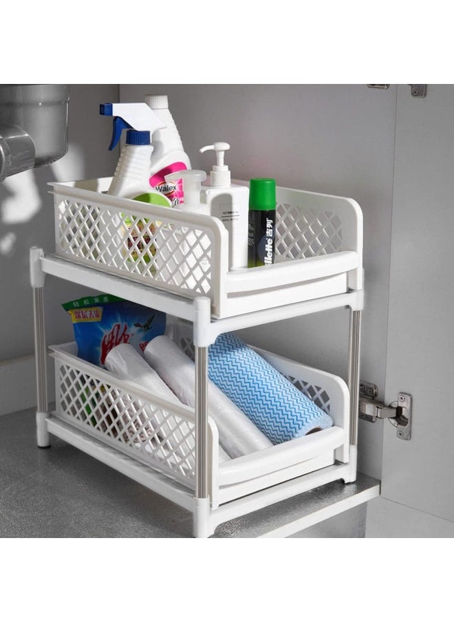 Under Sink Organizers and Storage, 2 Tier Sliding Shelves for Kitchen Bathroom Countertop, Under Cabinet Organizers with Pull Out Drawers White