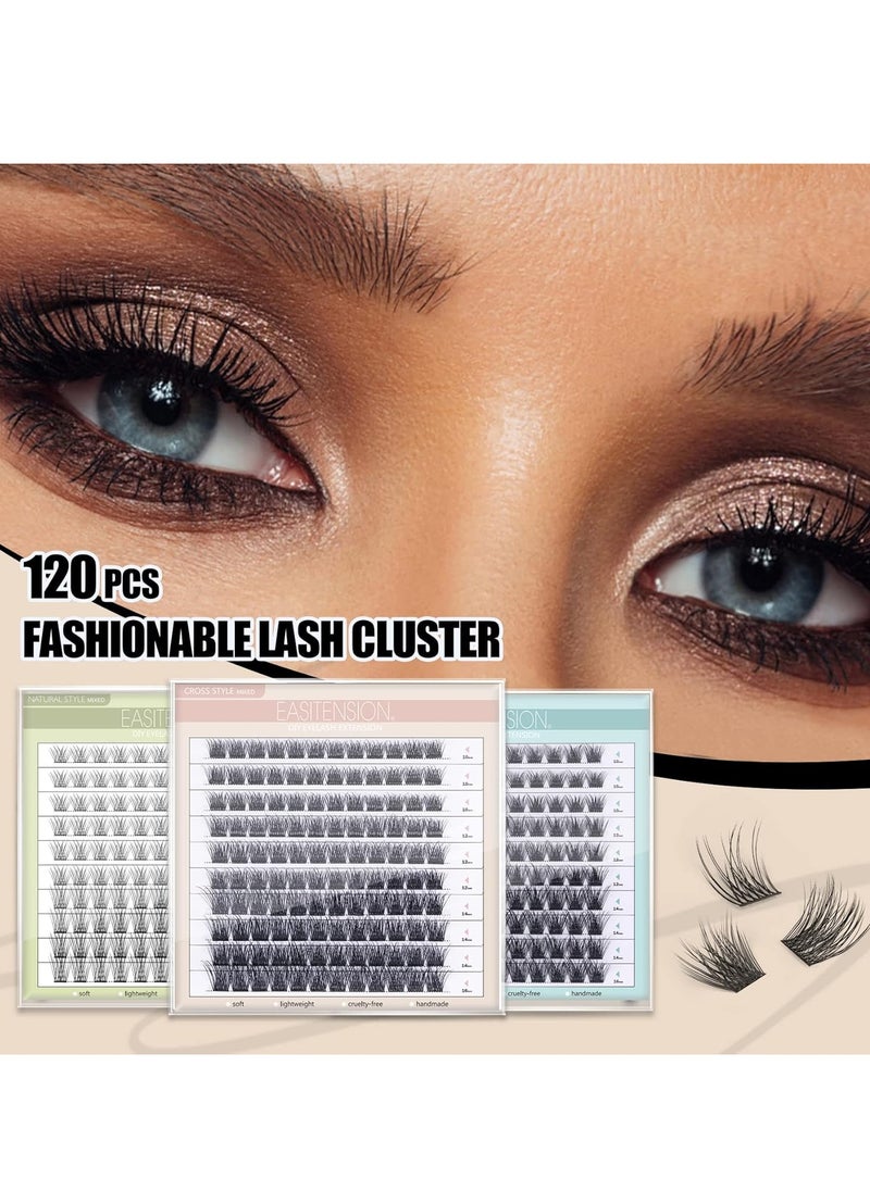 DIY Eyelash Extension Lash Clusters 120 Clusters False Eyelash 3D Effect Individual Natural Lashes Set at Home Eyelash Extension Kit Lashes Pack Volume Mixed