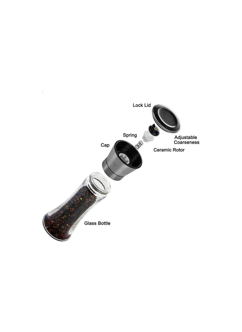 Salt and Pepper Grinder, Glass Ceramic Grinder Stainless Steel Refillable Salt & Peppercorn Shakers Adjustable Coarseness for Spices, Sea Salts, Himalayan or Fresh Ground Pepper for Party(1 Pack)