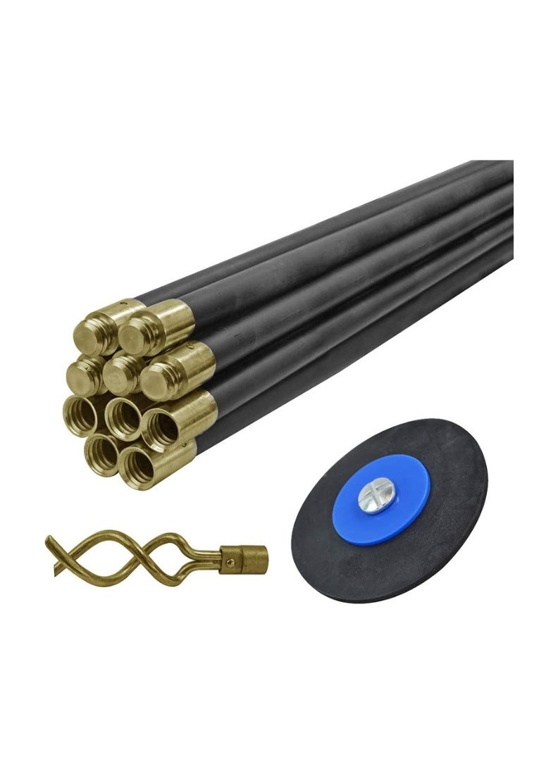 Drain Rod Set 9M (30ft) 10 x Rods, Plunger, Worm