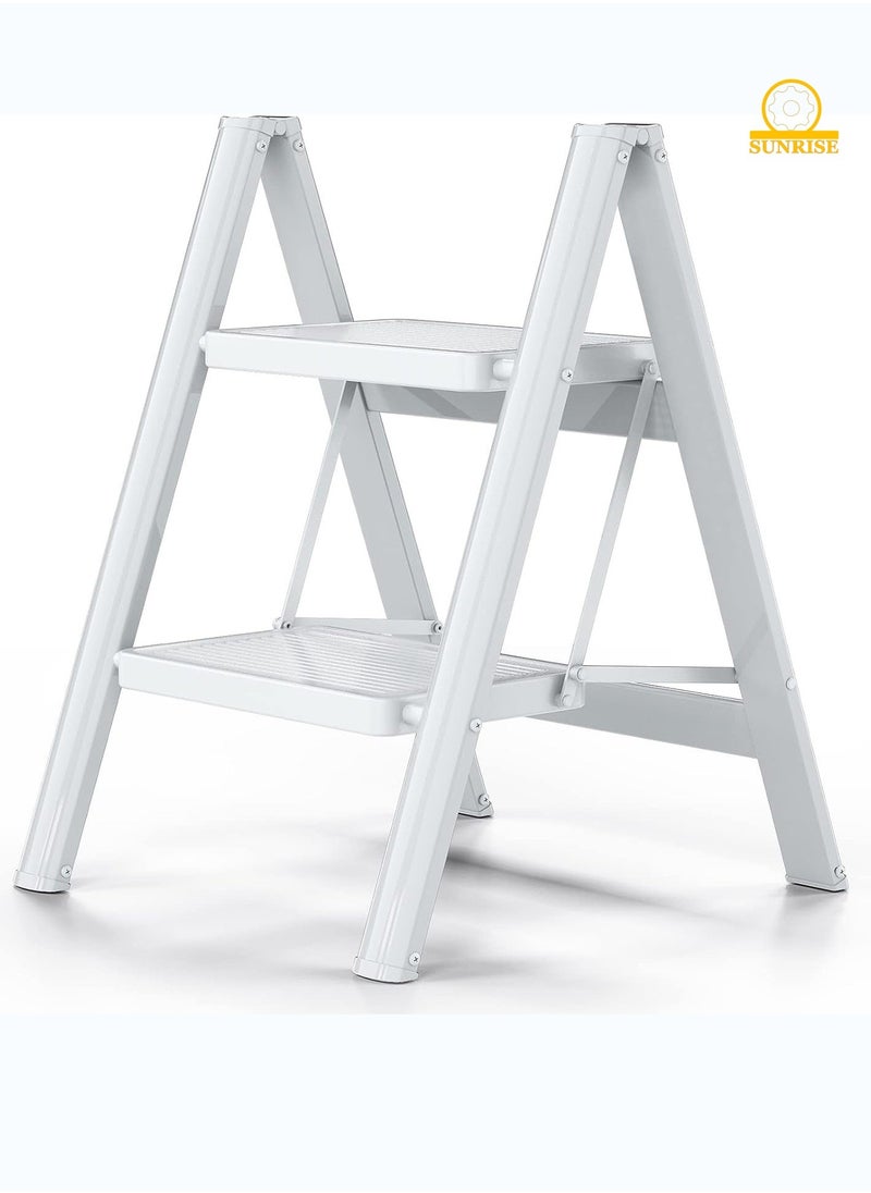 2 Step Folding Step Stool,Steel Metal Step Stools Non-Slip Pedal,Small Portable Ladder Kitchen Lightweight Home Office Ladders