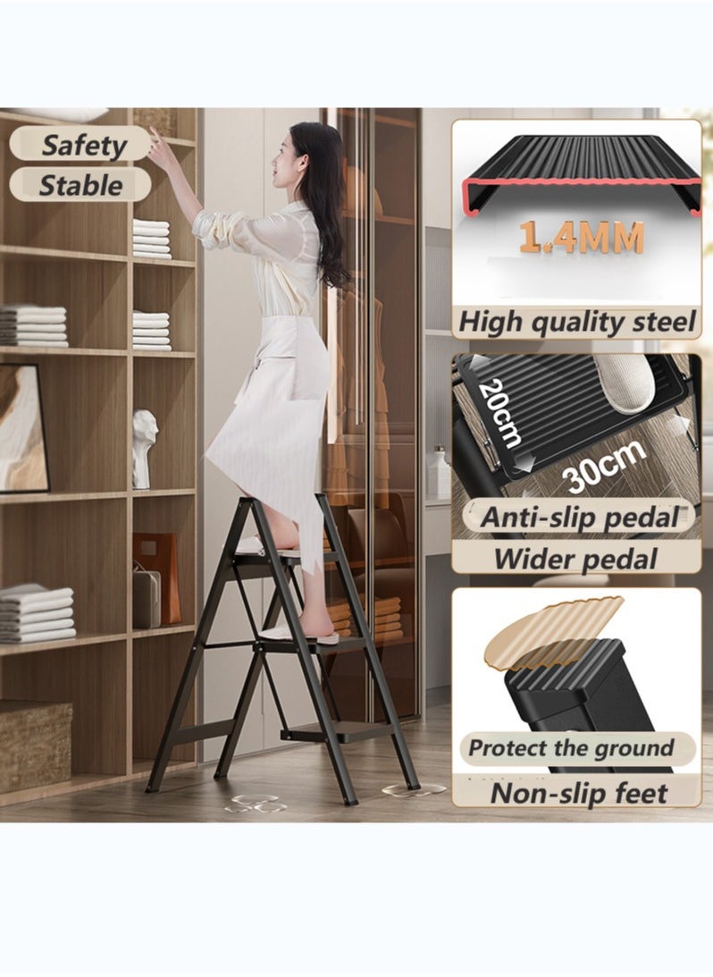 3 Step Folding Step Stool,Steel Metal Step Stools Non-Slip Pedal,Small Portable Ladder Kitchen Lightweight Home Office Ladders