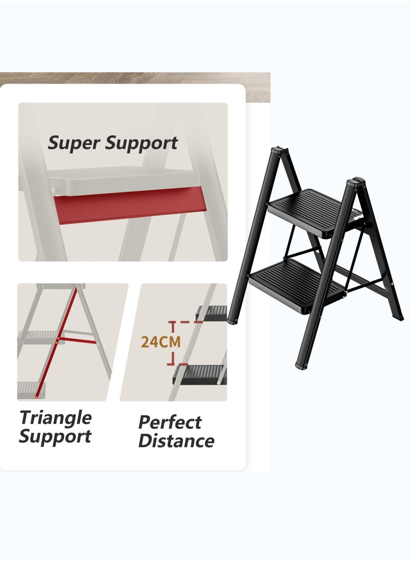 2 Step Folding Step Stool,Steel Metal Step Stools Non-Slip Pedal,Small Portable Ladder Kitchen Lightweight Home Office Ladders