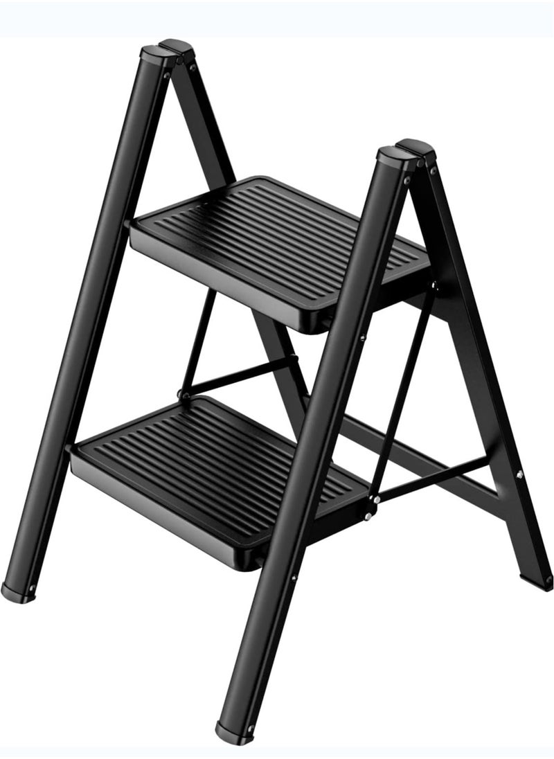 2 Step Folding Step Stool,Steel Metal Step Stools Non-Slip Pedal,Small Portable Ladder Kitchen Lightweight Home Office Ladders