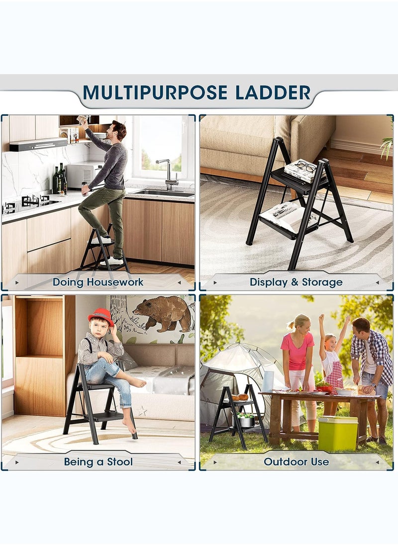 2 Step Folding Step Stool,Steel Metal Step Stools Non-Slip Pedal,Small Portable Ladder Kitchen Lightweight Home Office Ladders