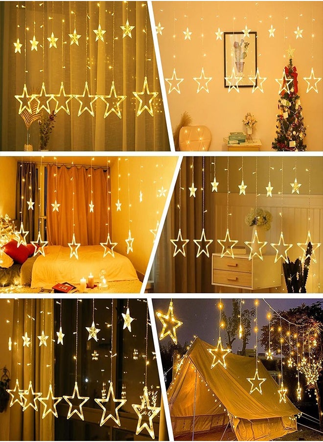 Ramadan Star Lights 12 Stars 138 LED Curtain Fairy Lights USB &Battery Operated - Warm White Window Lights with Timer & Memory Function & 8 Modes -Star Hanging Backdrop Lights for Bedroom Wall Decoration