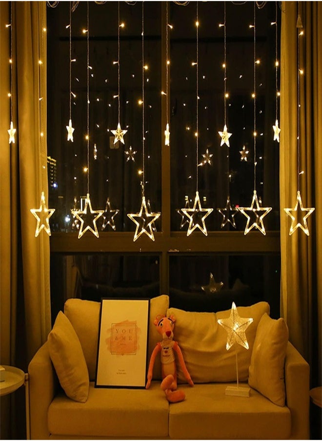 Ramadan Star Lights 12 Stars 138 LED Curtain Fairy Lights USB &Battery Operated - Warm White Window Lights with Timer & Memory Function & 8 Modes -Star Hanging Backdrop Lights for Bedroom Wall Decoration