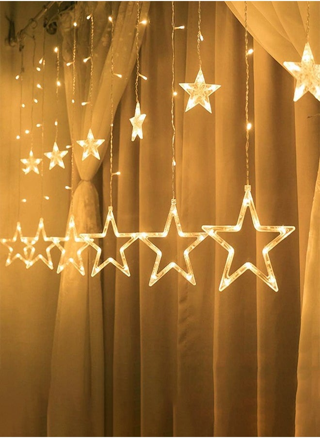 Ramadan Star Lights 12 Stars 138 LED Curtain Fairy Lights USB &Battery Operated - Warm White Window Lights with Timer & Memory Function & 8 Modes -Star Hanging Backdrop Lights for Bedroom Wall Decoration