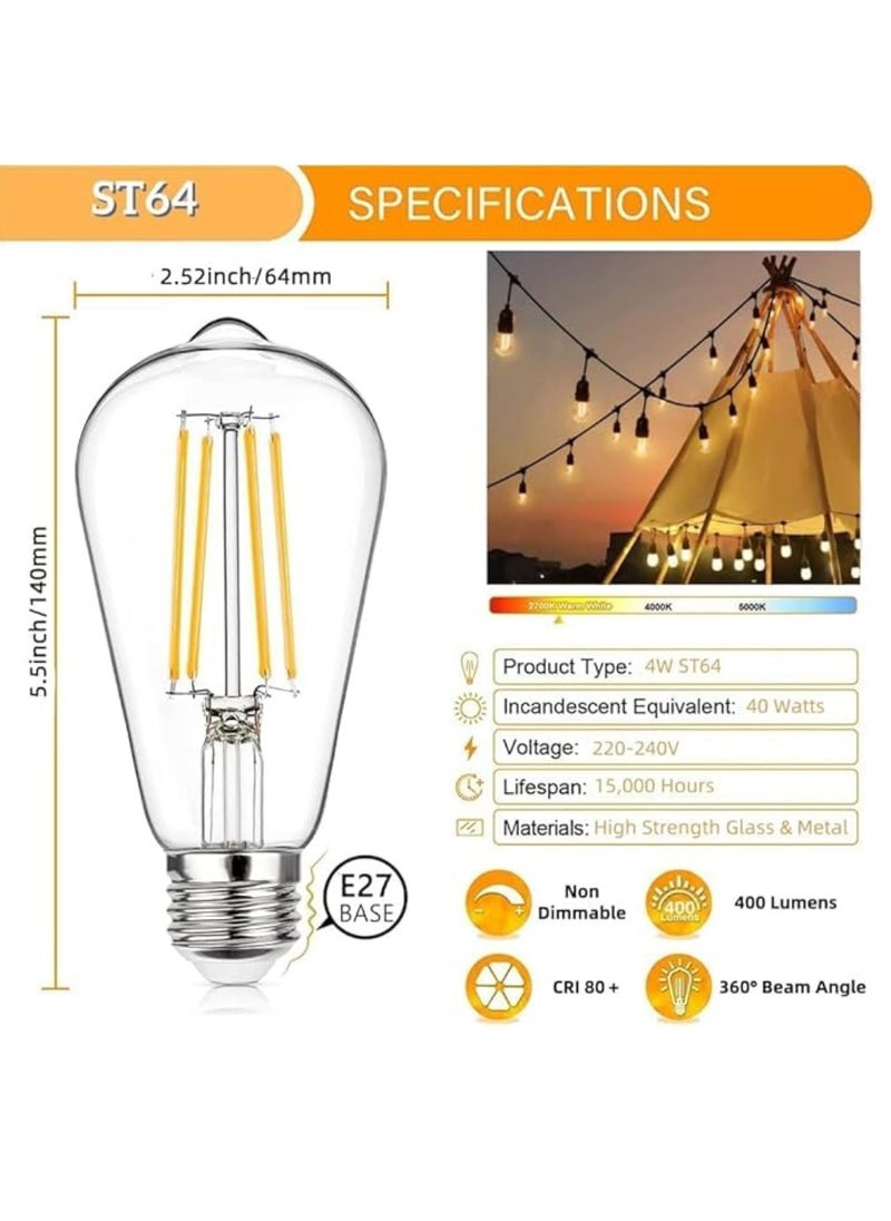 Outdoor Waterproof IP65 Led String Lights E27 Holder 10 Meter Bulb Holder Wire With 20 Bulbs 4W ST64 Clear With EU Plug Solar Bulb Holder For Ramadan Decoration Lights And Outdoor Decoration Light Hanging Light 6000mAh & USB-C, String Lights With Remote Control And 8 Modes Ramadan Light With Cable Ties