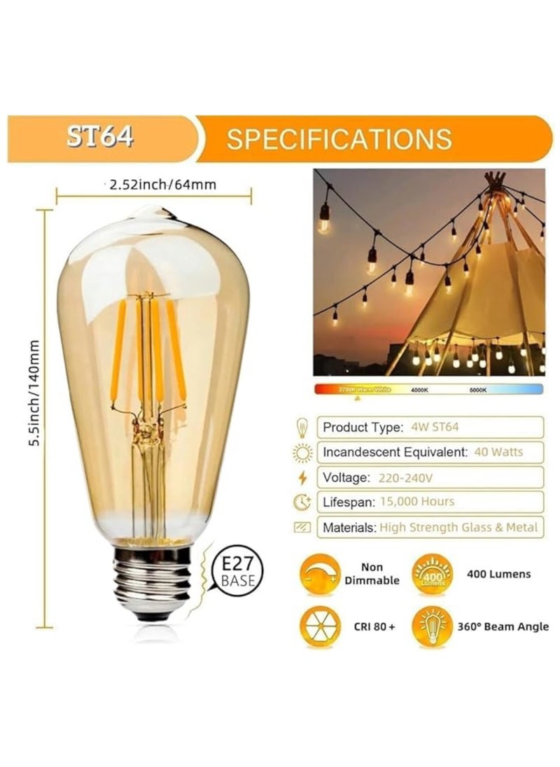 Outdoor Waterproof IP65 Led String Lights E27 Holder 10 Meter Bulb Holder Wire With 20 Bulbs 4W ST64 Amber With EU Plug Solar Bulb Holder For Ramadan Decoration Lights And Outdoor Decoration Light Hanging Light 6000mAh & USB-C, String Lights With Remote Control And 8 Modes Ramadan Light With Cable Ties