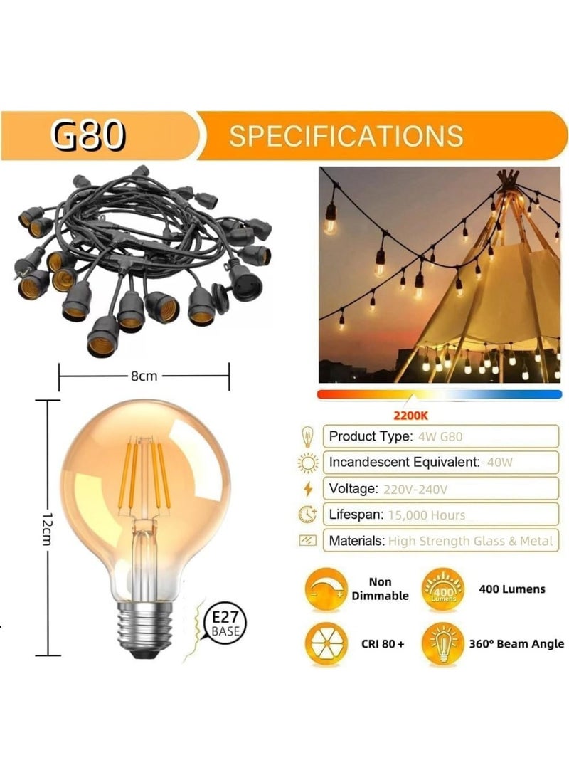 Outdoor Waterproof IP65 Led String Lights E27 Holder 10 Meter Bulb Holder Wire With 20 Bulbs 4W G80 Amber With EU Plug Solar Bulb Holder For Ramadan Decoration Lights And Outdoor Decoration Light Hanging Light 6000mAh & USB-C, String Lights With Remote Control And 8 Modes Ramadan Light With Cable Ties