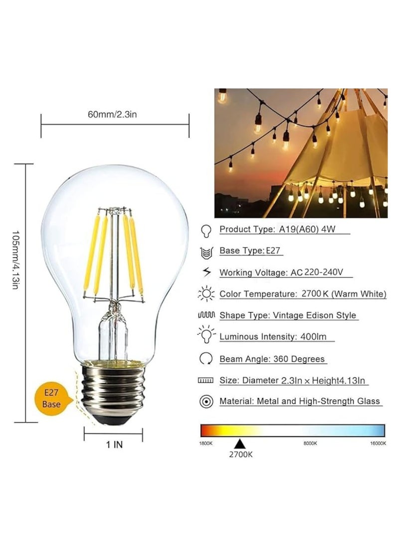 Outdoor Waterproof IP65 Led String Lights E27 Holder 10 Meter Bulb Holder Wire With 20 Bulbs 4W A60 Clear With EU Plug Solar Bulb Holder For Ramadan Decoration Lights And Outdoor Decoration Light Hanging Light 6000mAh & USB-C, String Lights With Remote Control And 8 Modes Ramadan Light With Cable Ties