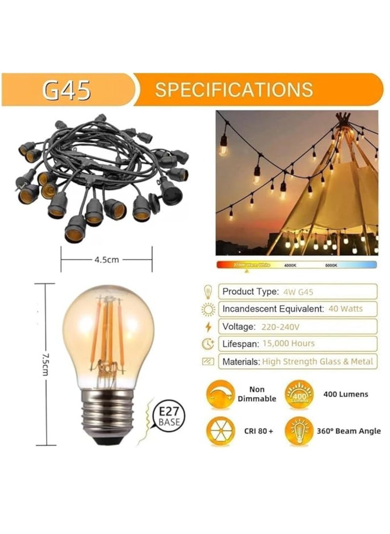 Outdoor Waterproof IP65 Led String Lights E27 Holder 15 Meter Bulb Holder Wire With 30 Bulbs 4W G45 Amber With EU Plug Solar Bulb Holder For Ramadan Decoration Lights And Outdoor Decoration Light Hanging Light 6000mAh & USB-C, String Lights With Remote Control And 8 Modes Ramadan Light With Cable Ties