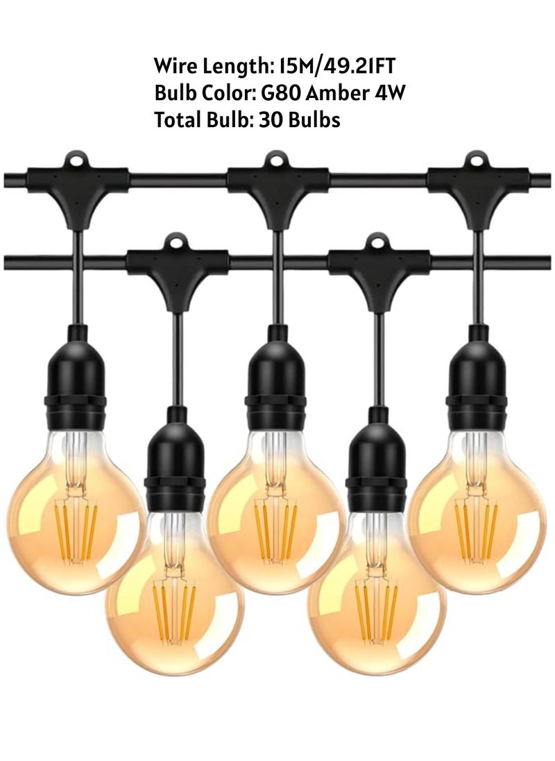 Outdoor Waterproof IP65 Led String Lights E27 Holder 15 Meter Bulb Holder Wire With 30 Bulbs 4W G80 Amber With EU Plug Solar Bulb Holder For Ramadan Decoration Lights And Outdoor Decoration Light Hanging Light 6000mAh & USB-C, String Lights With Remote Control And 8 Modes Ramadan Light With Cable Ties